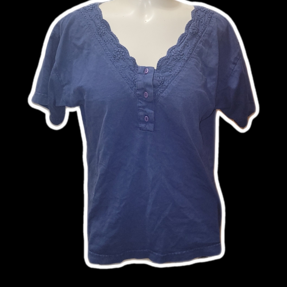 soft periwinkle lace-trim henley tee 𓂃 ࣪˖ ִֶָ𐀔